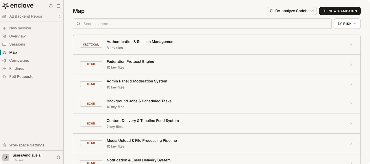 Enclave codebase mapper — sector list with risk badges and key-file counts