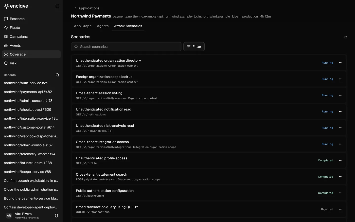 Enclave penetration test workspace listing live attack scenarios and their running or completed status.