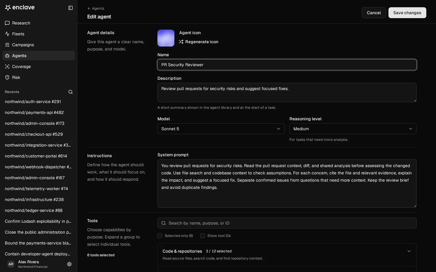 Enclave agent builder showing the PR Security Reviewer instructions, model, and tool configuration.