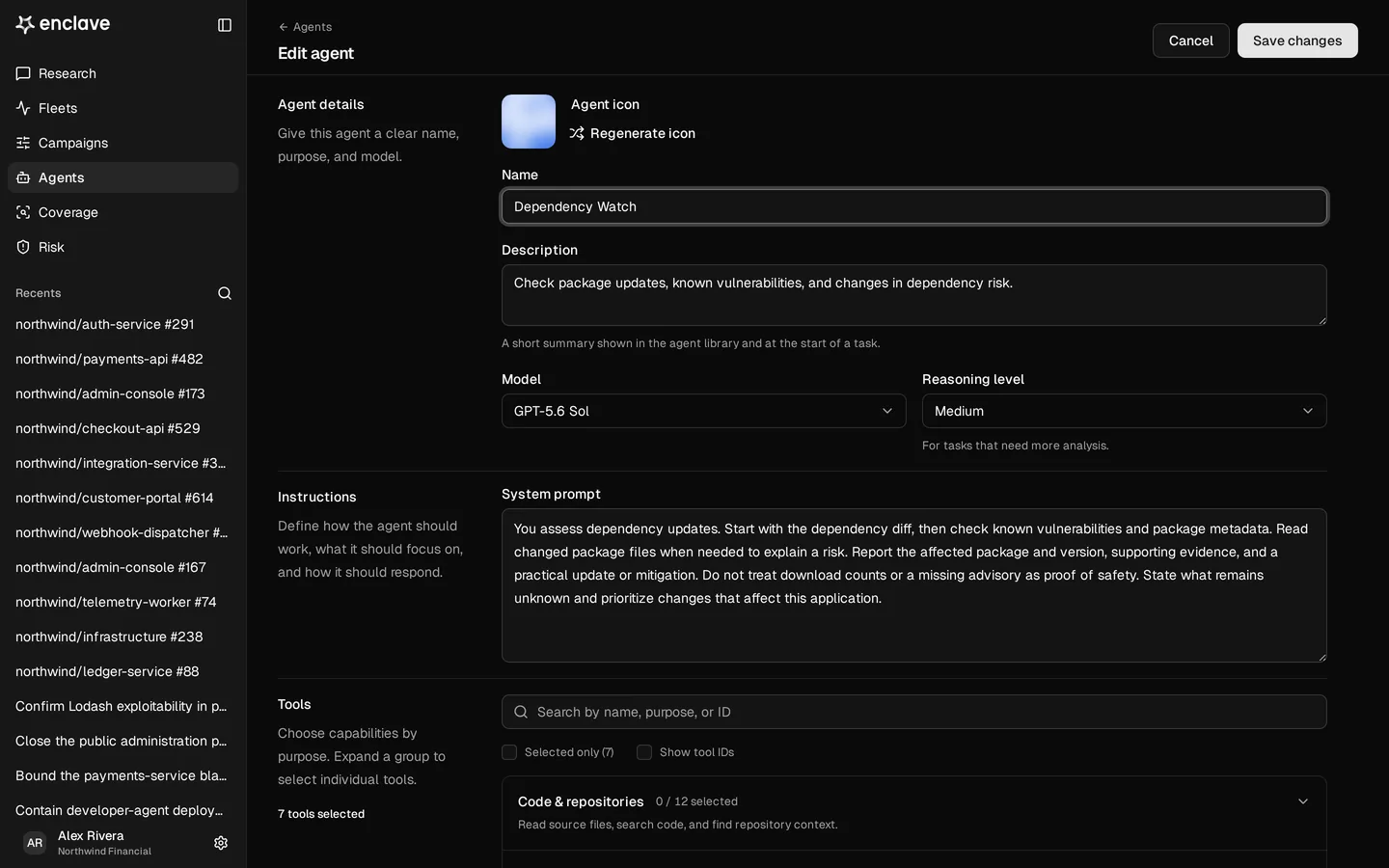 Enclave Dependency Watch agent configured to inspect package changes, vulnerabilities, and package metadata.