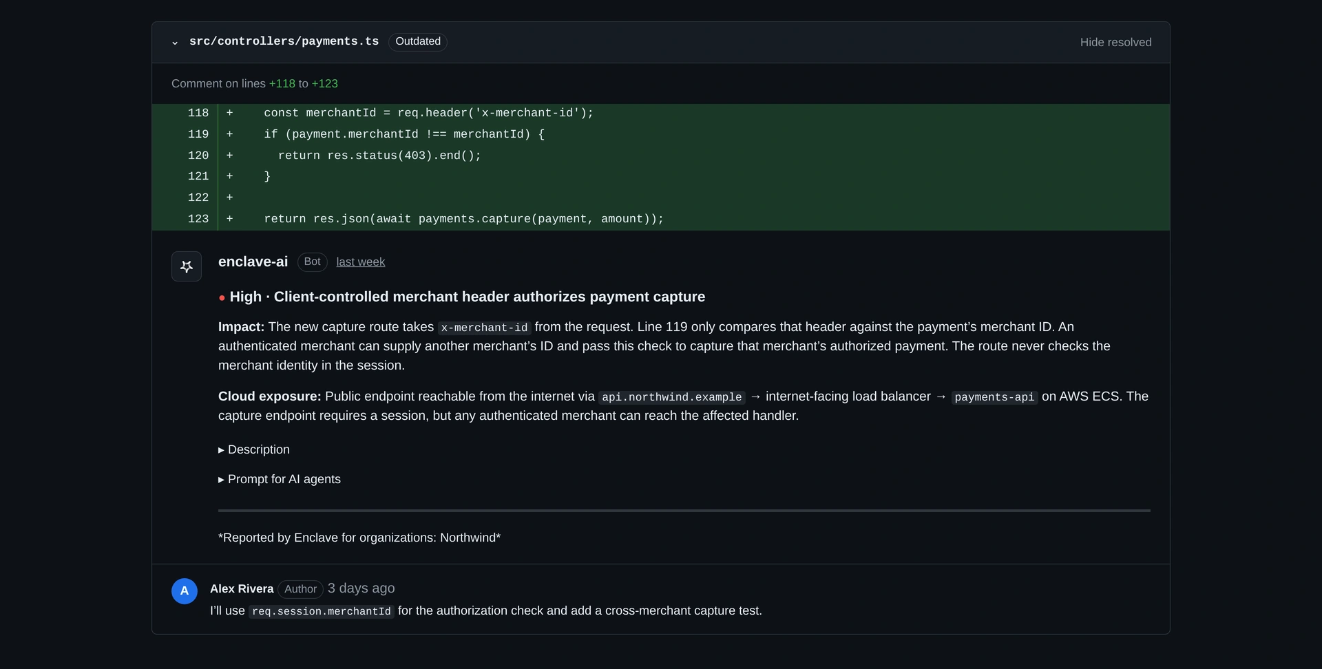Illustrative inline Enclave bot comment on the Northwind partial capture pull request, showing the changed authorization code, impact, supporting evidence, and suggested fix.