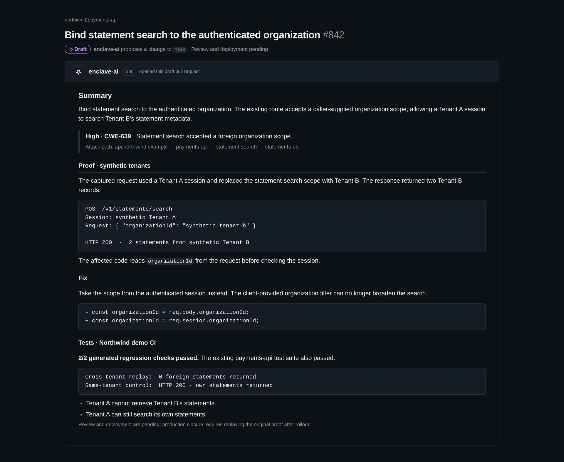 Illustrative Northwind draft pull request with a synthetic cross-organization statement search request and response, a session-bound fix, and passing demo regression checks.