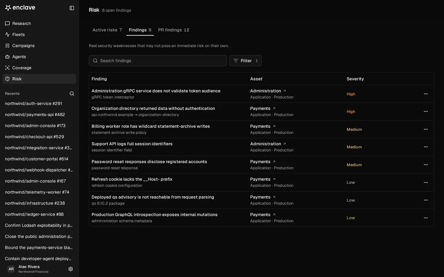 Enclave findings queue with severity, affected application, and evidence from the Northwind demo.